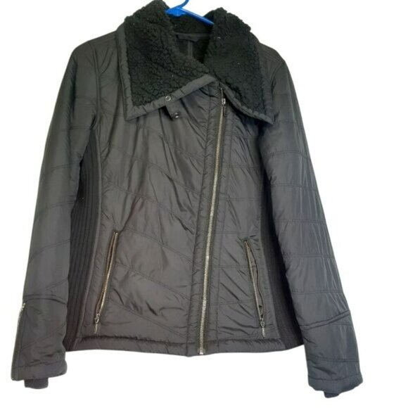 Prana Womens Quilted‎ Jacket M Black With Sherpa Collar & Zipper Pockets - Picture 1 of 6